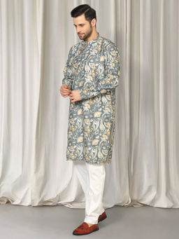 Aham-Vayam - Grey Phool Bahaar Embroidered Kurta With Back Elastic Pants