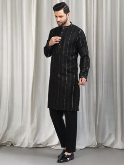 Aham-Vayam - Black Silver Stripe Embroidered Kurta Set With Back Elastic Pants