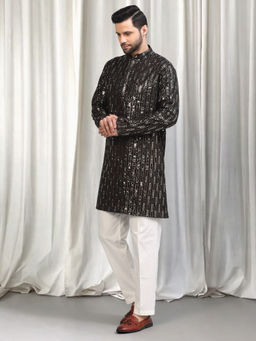 Aham-Vayam - Black Jhilmil Embroidered Kurta With Back Elastic Pants