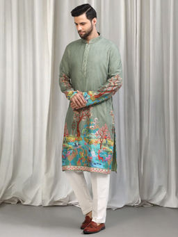 Aham-Vayam - Green Forest Printed Embroidered Kurta Set With Back Elastic Pants