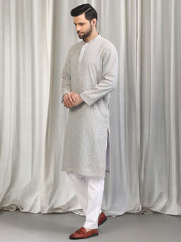 Aham-Vayam - Grey Harshollas All Over Embroidered Kurta With Back Elastic Pants