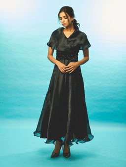 Weaving Cult - Black Organza Long Feminine Dress with Sequins Belt (Set of 2)