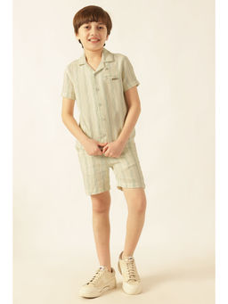 One Friday - Off White Cotton Half Sleeves Mandarin Neck Stripes 1 Shirt