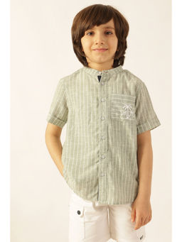 One Friday - Green Polyester Half Sleeves Mandarin Neck Stripes 1 Shirt