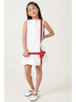 One Friday - Off White Cotton Sleeveless Solid/Plain Knee Length Dress
