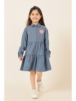 One Friday - Blue Cotton Full Sleeves Solid/Plain Knee Length Dress