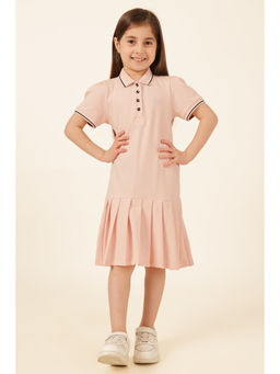 One Friday - Pink Cotton Half Sleeves Solid/Plain Knee Length Dress