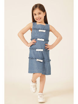 One Friday - Blue Cotton Sleeveless Solid/Plain Knee Length Dress