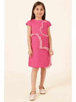 One Friday - Pink Polyester Half Sleeves Self Design Knee Length Dress