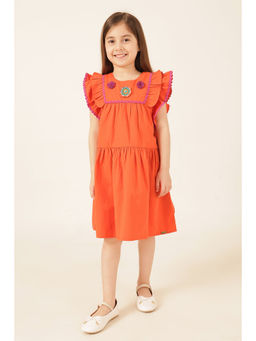 One Friday - Orange Cotton Cap Solid/Plain Knee Length Dress