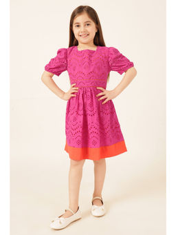 One Friday - Pink Cotton Half Sleeves Self Design Knee Length Dress