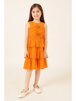 One Friday - Orange Cotton Sleeveless Solid/Plain Knee Length Dress