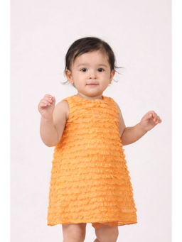 One Friday - Orange Polyester Sleeveless Self Design Knee Length Dress