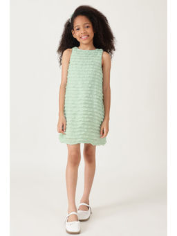 One Friday - Green Polyester Sleeveless Self Design Knee Length Dress