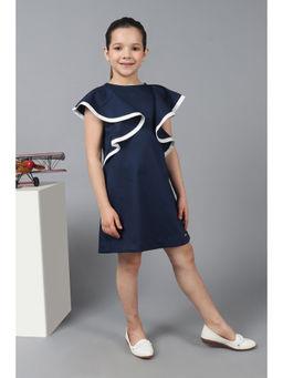 One Friday - Navy Blue Cotton Sleeveless Solid/Plain Knee Length Dress