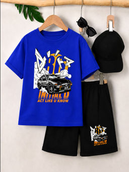 Googo Gaaga - Boys Royal Blue Car Graphic T-Shirt and Black Shorts Clothing Set