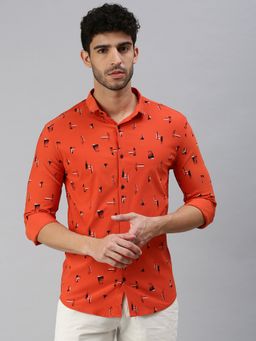SHOWOFF - Men Roll-Up Sleeves Rust Abstract Shirt