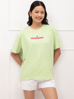 Twenty Dresses by Nykaa Fashion - Green Graphic Print Crew Neck Oversized T Shirt