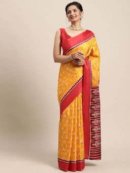 Odette - Womens Dola Silk Yellow Printed Designer Saree with Unstitched Blouse