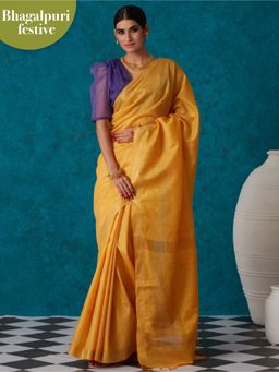 Likha - Mustard Linen Woven Bhagalpuri Festive Zari Saree & Unstitched Blouse