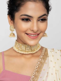 Indya - Gold Geometric Kundan Encrusted Earring and Necklace (Set of 2)