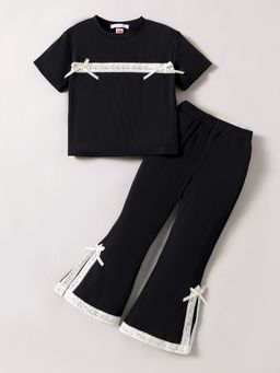 Hopscotch - Girls Black Lace Trim Ribbed Pant with T-Shirt