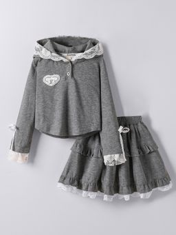 Hopscotch - Girls Grey Lace Embellished Top & Skirt