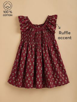 Hopscotch - Girls Maroon Pure Cotton Smocking Knee Length Dress