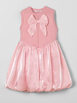 Hopscotch - Girls Pink Bow Puff Hem Drop Waist Knee Length Dress