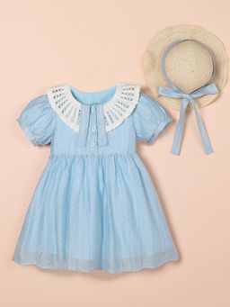 Hopscotch - Girls Blue Rhinestone Lace Collar Knee Length Dress with Hat