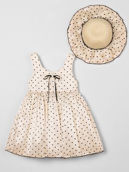 Hopscotch - Girls Pink Polka Dot Bow Detail Knee Length Dress with Hat