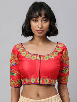 Amrutam Fab - Womens Embroidered Red Phantom Silk Blouse Round Neck