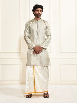 Vastramay - Mens Tissue Silk South Indian Style Woven Kurta With Mundu (Set of 2)