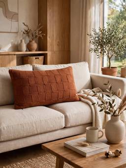 PLUCHI - Sqare Check Casuew Rust 12x20 Inch Decorative Cushion Cover