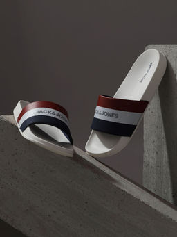 Jack & Jones - White Striped Pool Sliders