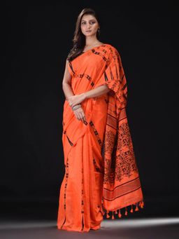Beatitude - Orange Cotton Silk Woven Jacquard Jamdani Saree with Unstitched Blouse