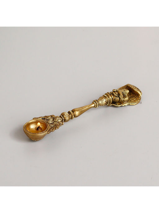eCraftIndia Ethnic Carved Brass Long Stick Diya With 1 Wick For Pooja Room And Temple