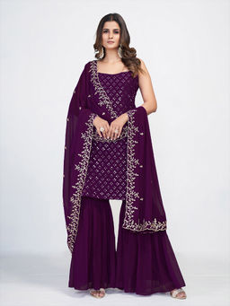 Odette - Purple Georgette Mirror Work Kurta with Pant & Dupatta (Set of 3)