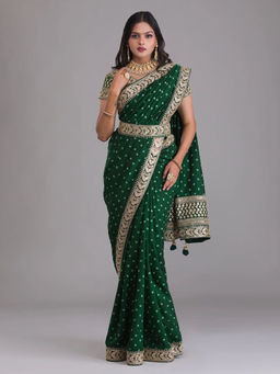 Odette - Green Georgette Embellished Saree with Unstitched Blouse & Belt