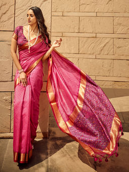 Odette - Pink Silk Printed Saree with Unstitched Blouse