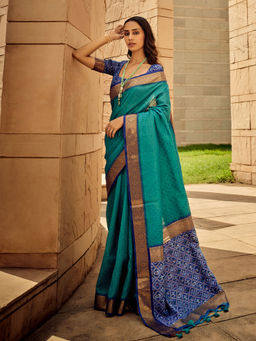 Odette - Blue Silk Printed Saree with Unstitched Blouse