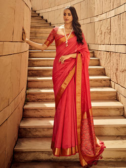 Odette - Peach Silk Printed Saree with Unstitched Blouse