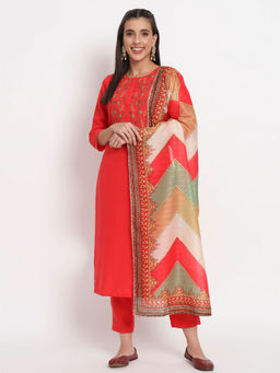 Odette - Red Magic Cotton Floral Printed Stitched Kurta with Pant & Dupatta (Set of 3)