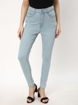 R&B - Women Blue Cotton Solid Skinny Leg High Waist Jeans