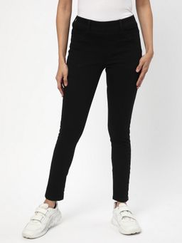 R&B - Women Cotton Black Solid Skinny Leg Mid Waist Jeans