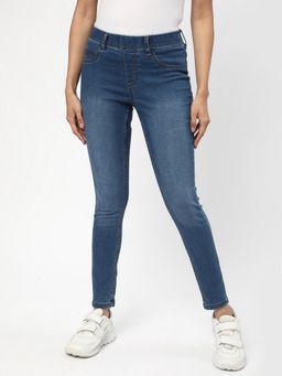 R&B - Women Blue Solid Skinny Leg Cotton Mid Waist Jeans