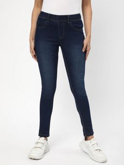 R&B - Women Blue Cotton Solid Skinny Leg Mid Waist Jeans