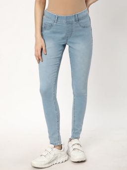 R&B - Women Blue Solid Cotton Skinny Leg Mid Waist Jeans