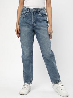 R&B - Women Blue Cotton Solid Straight Leg High Waist Jeans