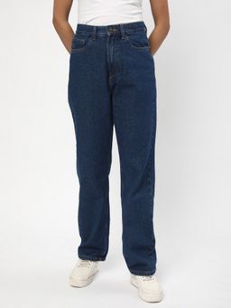 R&B - Women Blue Cotton Solid Straight Leg Mid Waist Jeans